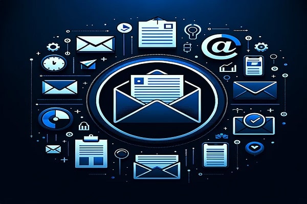 Image symbolique d'email marketing avec une lettre ouverte dévoilant un message, entourée d'icônes de communication variées comme des enveloppes et des symboles @, représentant l'envoi ciblé de campagnes d'email marketing.