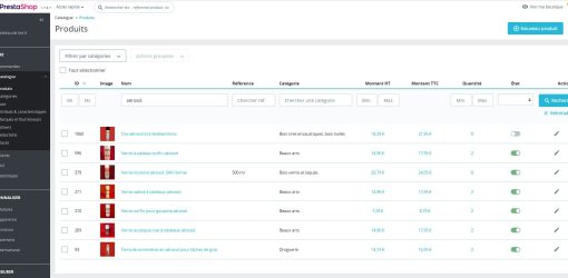 Capture d'écran de la section Produits dans l'administration de PrestaShop montrant divers produits avec des informations détaillées telles que le titre, le prix avec et sans TVA, et les quantités restantes.