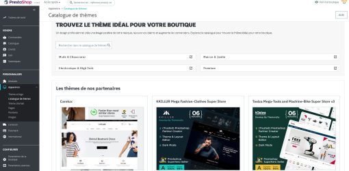 Catalogue de thèmes dans la section Apparence de PrestaShop, montrant une variété de thèmes personnalisables pour les boutiques en ligne.