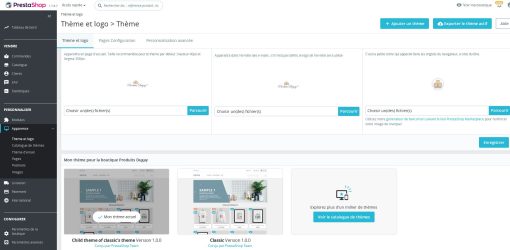 Interface de gestion des thèmes de PrestaShop montrant les options de personnalisation avancée, les logos et le thème actuellement utilisé.