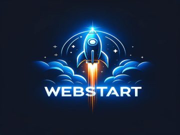 Fusée bleue moderne symbolisant le lancement rapide, avec une traînée orange, représentant le plan d'hébergement WebStart.