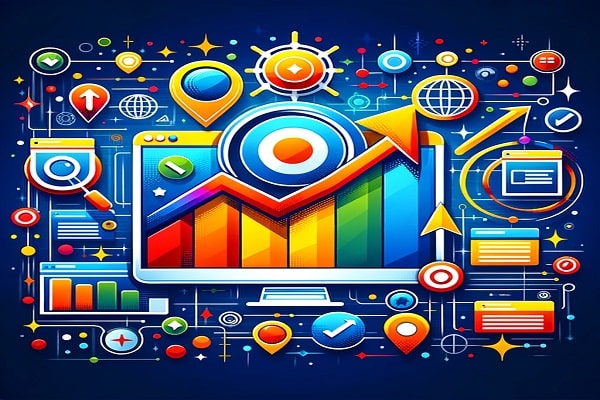 Graphique moderne illustrant la progression ascendante du SEO dans le marketing numérique, avec des icônes de globe, de texte et des barres statistiques, symbolisant l'augmentation de la visibilité et du succès en ligne.