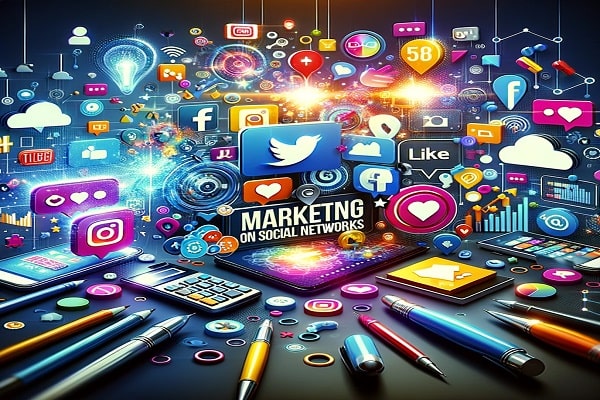 Image moderne montrant un panneau central indiquant 'Marketing on social network' entouré de logos Facebook et Twitter, une calculatrice, des stylos et crayons, symbolisant l'intégration du marketing sur les réseaux sociaux dans les stratégies commerciales actuelles.