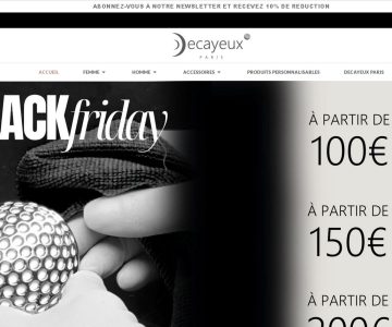 Capture d'écran d'une boutique en ligne élégante de bijoux, mettant en avant des menus pour diverses catégories de produits et des offres promotionnelles pour des réductions sur achat.