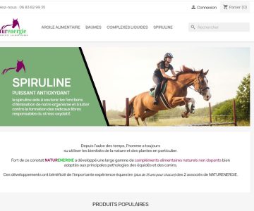 Capture d'écran d'une boutique en ligne d'aliments et accessoires pour chevaux, mettant en avant une jeune femme sur un cheval sautant une barrière avec des menus de navigation en haut de la page.