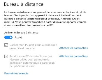 Capture d'écran de la section Paramètres de Windows, affichant la configuration du bureau à distance, avec l'option 'Activer le bureau à distance' mise en évidence.