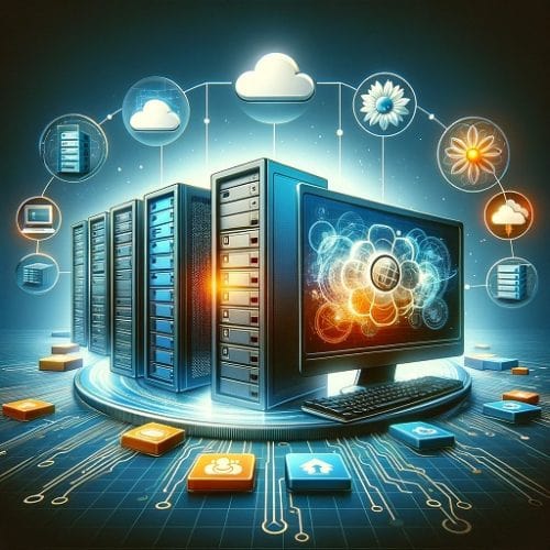 Infrastructure de serveur avancée avec baies de serveurs, écran KVM, et éléments graphiques symbolisant la connectivité cloud et la technologie informatique pour une performance optimale en e-commerce.