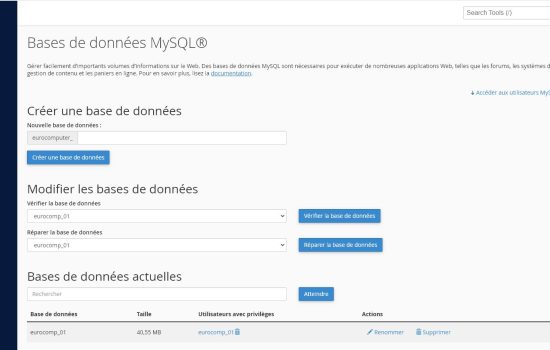 Capture d'écran de la section de gestion des bases de données dans cPanel, montrant les options pour créer une nouvelle base de données, modifier des bases existantes, et afficher la liste des bases de données en place