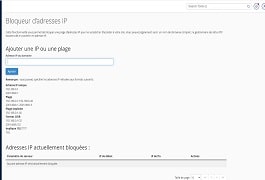 Capture d'écran de la page de configuration du bloqueur d'adresses IP dans cPanel, montrant les options de sécurité pour bloquer les IP indésirables et la liste des IP déjà bloquées