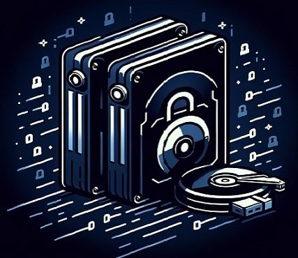 Deux disques durs, l'un avec un cadenas, symbolisant le cryptage au niveau du disque via BitLocker pour une sécurité accrue des données.