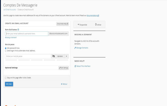 Capture d'écran de l'interface RoundCube dans cPanel, affichant le processus de création d'une nouvelle boîte mail, avec des champs pour le mot de passe et des options de configuration supplémentaires