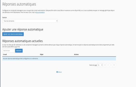 Capture d'écran de la page de configuration des réponses automatiques dans cPanel, montrant l'option pour ajouter une nouvelle réponse automatique et la liste des réponses déjà configurées