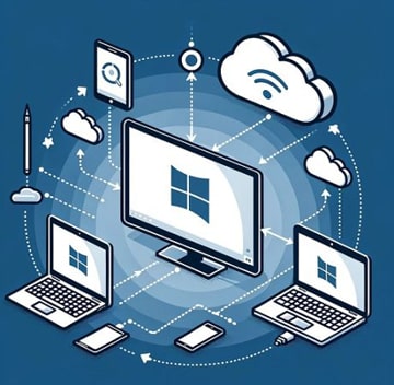 Ensemble d'ordinateurs portables, de smartphones et de tablettes sous Windows, interconnectés dans un réseau cloud, symbolisant la flexibilité et l'efficacité de la connexion bureau à distance sous Windows 10/11.