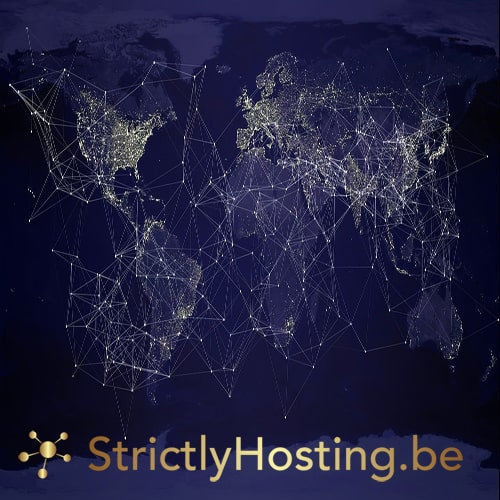 Carte mondiale de nuit illustrant des connexions de réseau internationales sur un fond bleu, symbolisant la portée mondiale et l'interconnectivité de StrictlyHosting.be, avec le logo doré de l'entreprise en évidence.