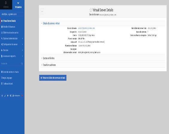 Capture d'écran de la page 'Virtual Server Details' dans Virtualmin, affichant des informations détaillées pour chaque domaine hébergé. La page présente des éléments tels que le répertoire root du domaine, son adresse IP, l'adresse e-mail de contact, et offre des options pour modifier l'espace d'hébergement et divers autres paramètres, facilitant une gestion précise et personnalisée de chaque domaine hébergé sur le serveur.