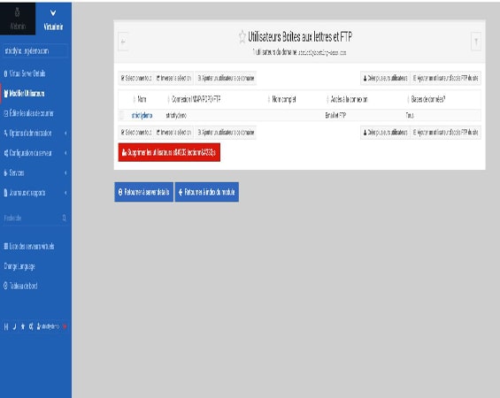 Capture d'écran de la page 'Utilisateurs, Boîtes aux Lettres et FTP' dans Virtualmin montrant les options pour ajouter et gérer des utilisateurs pour un domaine spécifique. Cette interface permet de créer des accès FTP supplémentaires, ainsi que de nouveaux comptes de messagerie POP3 ou IMAP, offrant une gestion flexible et indépendante pour chaque domaine, facilitant l'administration des ressources et des services liés au domaine.