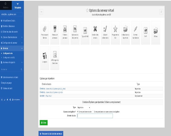 Capture d'écran de la page 'Options du Serveur Virtuel' dans Virtualmin, présentant diverses options de gestion pour un plan d'hébergement spécifique. Cette interface utilisateur permet aux administrateurs de définir des limites d'utilisation, de consulter les fichiers journaux d'erreurs, de configurer les paramètres PHP, et d'effectuer d'autres réglages techniques pour optimiser et personnaliser chaque environnement d'hébergement sur le serveur.