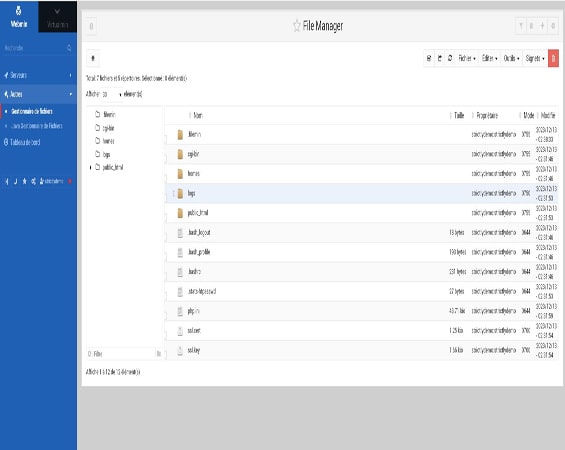 Capture d'écran de la page 'File Manager' dans Virtualmin, conçue pour gérer les fichiers et répertoires associés à un domaine spécifique sur le serveur. Cette interface permet une gestion aisée des droits d'accès et des configurations spécifiques pour chaque domaine hébergé, facilitant la résolution des problèmes et la maintenance des différents environnements web.