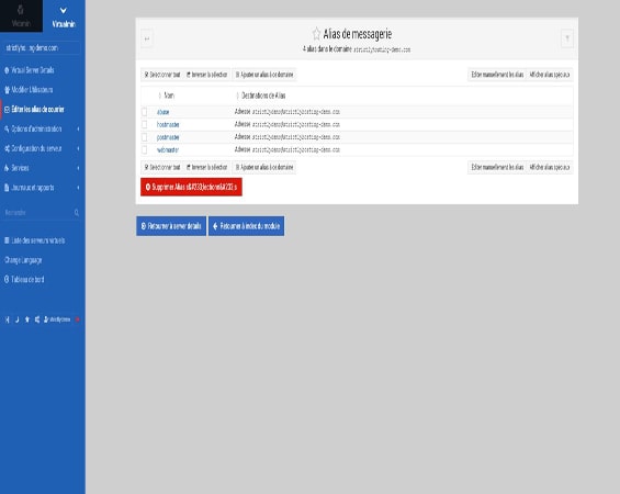 Capture d'écran de la page 'Alias de messagerie' dans Virtualmin, illustrant la fonctionnalité de création et de gestion des alias email pour chaque domaine hébergé. Cette page permet de définir des adresses email personnalisées et leurs redirections associées, offrant une flexibilité et une personnalisation avancées pour la gestion de la communication électronique des différents domaines.