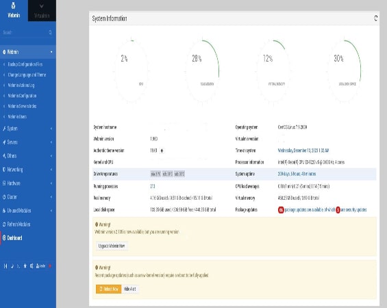 Capture d'écran de la page d'accueil de Webmin, affichant le menu bleu à gauche avec diverses options, et au centre, des graphiques en temps réel montrant l'utilisation du processeur, la mémoire, la mémoire virtuelle, l'utilisation du disque, ainsi que les versions de Webmin et les détails du processeur.