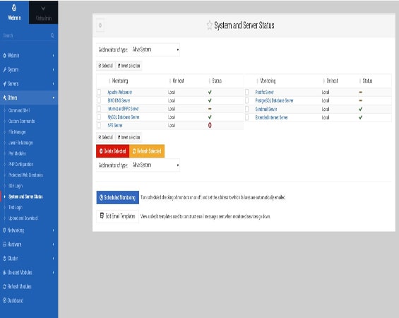 Capture d'écran de la page 'System and Server Status' de Webmin montrant l'interface de surveillance des services serveur. Cette page permet de vérifier, arrêter, relancer ou surveiller divers services comme Apache, BIND, MySQL, permettant une gestion efficace et un suivi en temps réel de l'état du serveur.