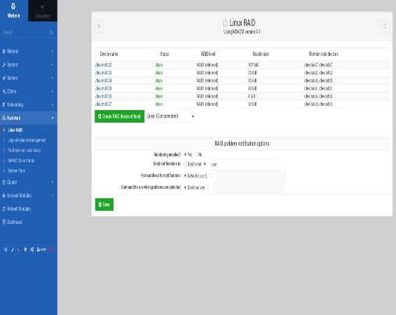 Capture d'écran de la page 'Linux RAID' de Webmin, dédiée à la gestion des configurations RAID en mode logiciel. Cette interface permet de vérifier le fonctionnement du RAID sur toutes les partitions et de configurer un système de monitoring pour recevoir des alertes en cas de problèmes sur le RAID, assurant une gestion proactive de la sécurité des données.