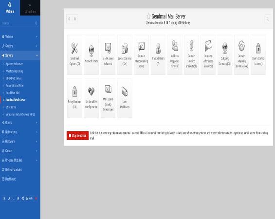 Capture d'écran de la page 'Sendmail Mail Server' sur Webmin, présentant des options de configuration détaillées pour le serveur de messagerie Sendmail. Cette interface utilisateur permet la gestion des comptes utilisateurs, la mise en place de redirections d'emails, et la configuration de mesures antispam, offrant une administration complète et personnalisable du service de messagerie.