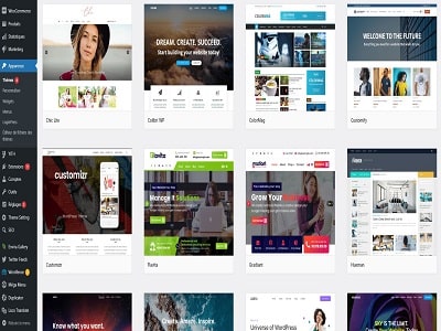 Capture d'écran du menu 'Apparence' dans WordPress, montrant une sélection de thèmes gratuits disponibles pour personnaliser le design du site, illustrant la flexibilité et la variété des options de personnalisation offertes par WordPress