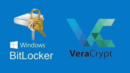 Logos de Windows BitLocker et VeraCrypt, symbolisant des options de cryptage avancées pour la protection des données à distance sous Windows.