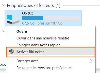 Capture d'écran de l'Explorateur de fichiers Windows montrant un disque dur avec l'option ‘Activer BitLocker’ pour initier le cryptage du disque.