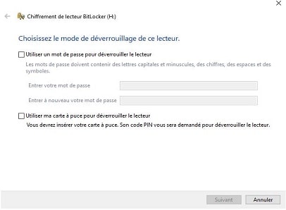 Capture d'écran de l'interface BitLocker montrant les options de déverrouillage du lecteur pour choisir le mode de sécurité adapté.