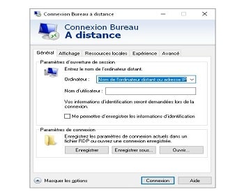 Capture d'écran de la fenêtre Connexion Bureau à Distance montrant les champs pour saisir les informations du serveur à distance.