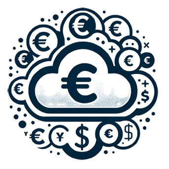 Image d'un nuage symbolisant l'hébergement Cloud, avec le symbole € au centre, entouré de diverses devises monétaires comme le €, le Yen, et le dollar USD, ainsi que de petits points, illustrant la structure de tarification complexe et les coûts cachés potentiels. Cette représentation visuelle souligne les défis de prévisibilité financière et les risques de dépenses imprévues associés à l'hébergement Cloud par rapport aux serveurs dédiés.