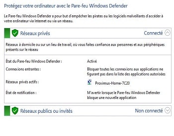 Capture d'écran montrant la section Pare-feu de Windows pour la vérification des paramètres réseau et la configuration du pare-feu pour les connexions Bureau à Distance.