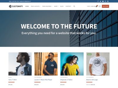 Capture d'écran d'un thème WordPress pour un site de vente en ligne de vêtements, montrant des menus de navigation, une image accrocheuse d'un immeuble avec un slogan futuriste, et des modèles portant divers vêtements comme des T-shirts, vestes, et polos, illustrant un site e-commerce dynamique et tendance