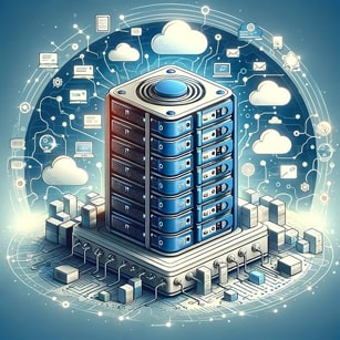 Image conceptualisant l'hébergement partagé comme un cube divisé en sections interconnectées par de nombreux câbles, entouré de nuages et d'écrans, reliés par des circuits imprimés. Cette visualisation représente la flexibilité, la maintenance gérée et les solutions prêtes à l'emploi des serveurs partagés, parfaites pour les projets évolutifs, les petits sites, et les débutants en hébergement web, soulignant l'accès à une communauté et des ressources partagées pour un soutien et une entraide améliorés.