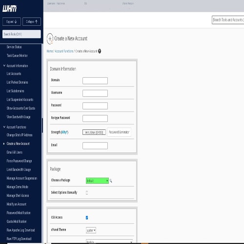 Capture d'écran de WHM montrant la page de création d'un nouveau compte d'hébergement, avec des champs pour le domaine, l'utilisateur, le mot de passe, et les limites de ressources.