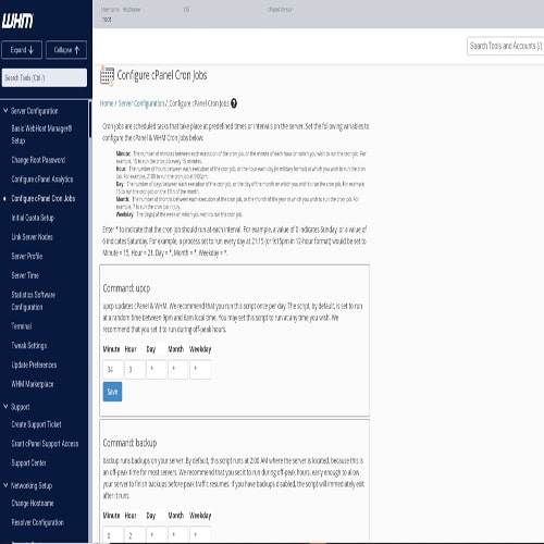 Capture d'écran de WHM montrant la configuration des tâches Cron de cPanel pour automatiser des actions comme les scripts ou les sauvegardes à des horaires prédéfinis.