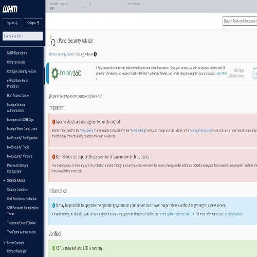 Capture d'écran de WHM affichant la section 'cPanel Security Advisor', offrant des options pour renforcer la sécurité du serveur et de cPanel contre diverses menaces.