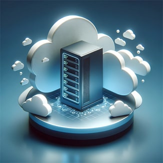 Baie de serveurs rackables sur une plateforme circulaire entourée de nuages, symbolisant une infrastructure cloud sécurisée et à haute disponibilité.