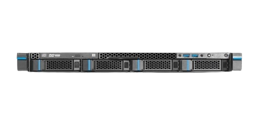 Vue de face du serveur Single Xeon Pro rackable 1U, présentant quatre baies hot-swap. Conçu pour des performances robustes avec un processeur Xeon multi-cœurs et 48 Go de RAM, idéal pour les charges de travail intensives et la sécurité des données.