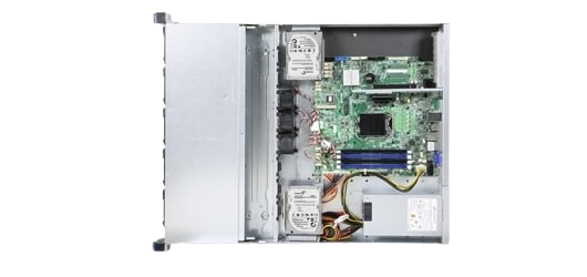 Photo détaillée montrant l'intérieur du serveur Single Xeon Pro ouvert, avec un aperçu de la carte mère, des emplacements pour disques supplémentaires, et d'autres composants internes, illustrant la configuration complexe et la qualité de construction du serveur.