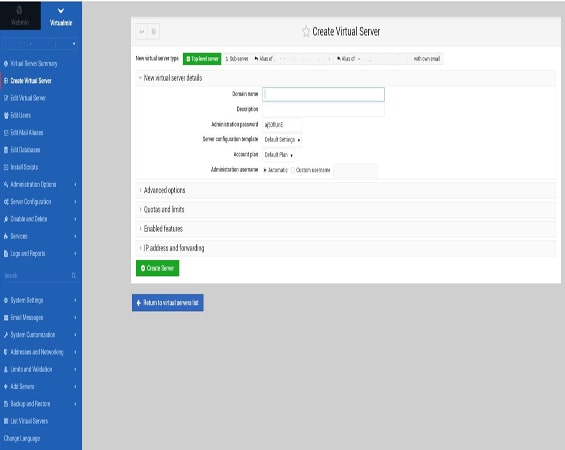 Capture d'écran de la page 'Create Virtual Server' dans Virtualmin, montrant une interface conviviale pour la création facile de nouveaux plans d'hébergement pour divers noms de domaine. Cette page offre des options pour définir le nom d'utilisateur, le mot de passe et de multiples paramètres de configuration, simplifiant la gestion d'hébergement de sites web sur le serveur.