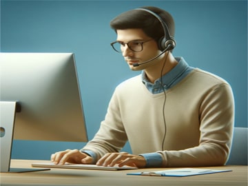 Membre du support technique concentré, travaillant avec un casque micro dans un bureau moderne, symbolisant le support technique réactif et spécialisé.