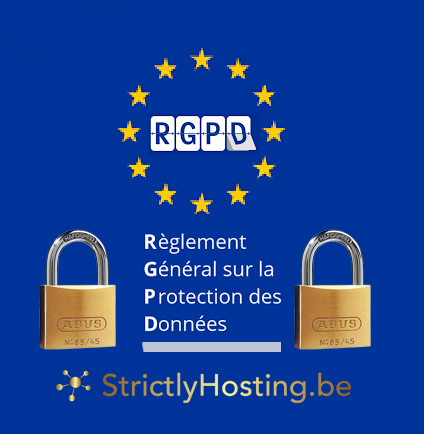 Logo du RGPD encadré par le cercle d'étoiles de l'Union européenne, avec le texte 'RGPD' au centre et un cadenas de chaque côté, symbolisant la sécurité et la protection des données personnelles conformément au Règlement Général sur la Protection des Données