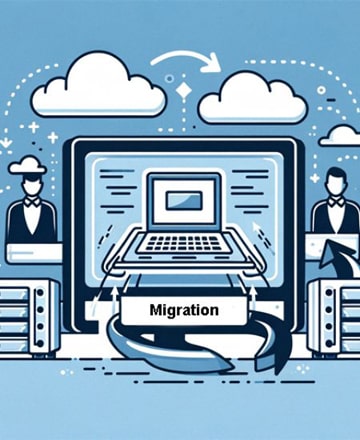 Image illustrant une migration de site web simplifiée et sécurisée, avec une personne de chaque côté d'un écran d'ordinateur central affichant des flèches tournantes et le mot 'Migration', symbolisant l'assistance et le guidage durant le processus de migration.