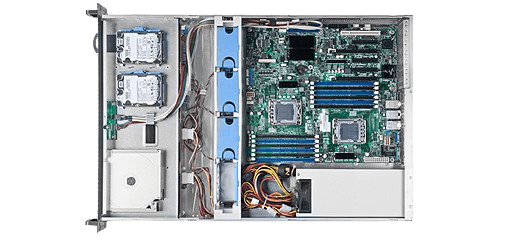 Vue du dessus du XeonDual ProMax ouvert, exposant les deux disques système internes en 2.5 pouces, la carte mère double Xeon avec ses emplacements mémoire, et la connectique de l'alimentation redondante.