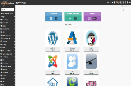 Screenshot van de Softaculous beheerinterface in cPanel, toont een verscheidenheid aan populaire applicaties en CMS'en zoals WordPress, Joomla, en PrestaShop, beschikbaar voor snelle en eenvoudige installatie.