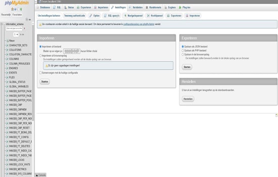 Screenshot van PhpMyAdmin in cPanel, toont de import- en exportopties voor databases, waardoor het eenvoudig en technisch is om gegevens te beheren.