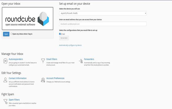 Screenshot van de startpagina van RoundCube in cPanel, toont opties voor de automatische configuratie van e-mails op diverse platforms, het beheer van filters, contacten, en andere e-mailfunctionaliteiten.